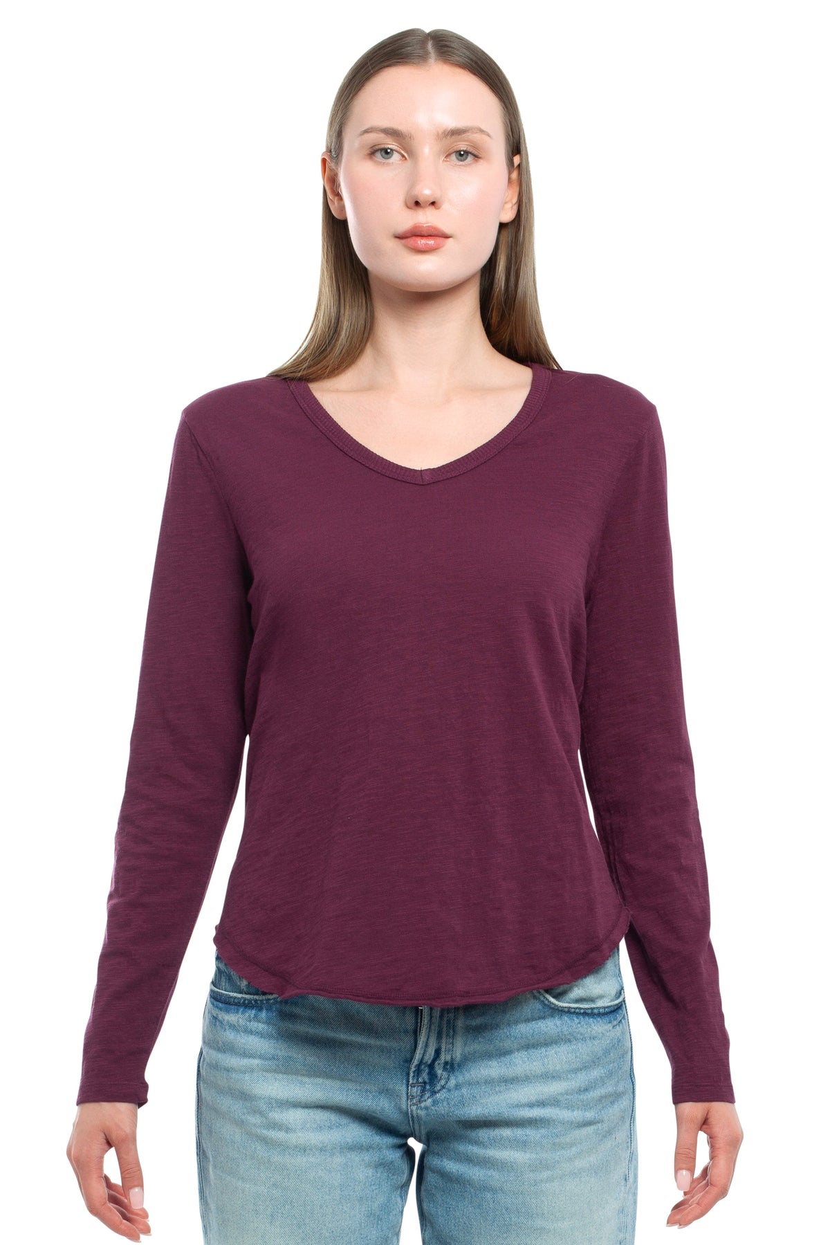 Long Sleeve V-Neck w/ Raw Hem Shirttail