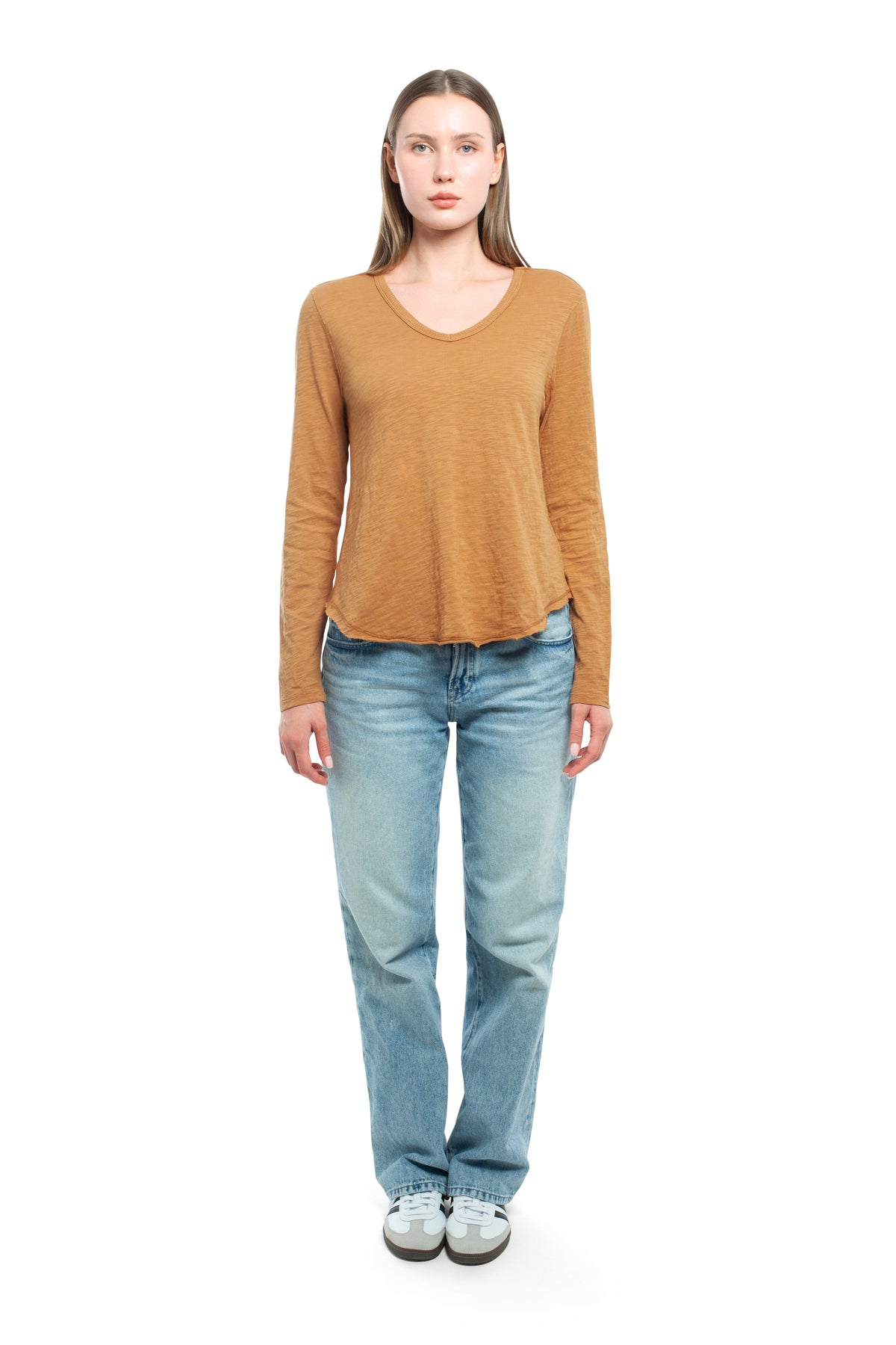 Long Sleeve V-Neck w/ Raw Hem Shirttail